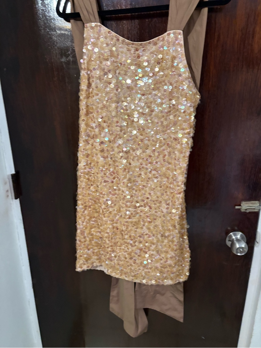 NWT Y2K BCBGMaxAzria Gold Sequin Mini Dress with Sheer Nude Straps. Size 8.
